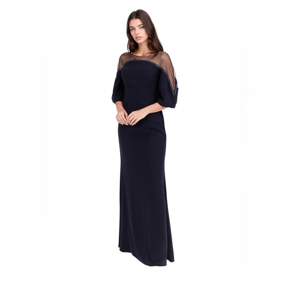 RENE RUIZ COLLECTION CREPE COLUMN ILLUSION GOWN WITH PUFF SLEEVE